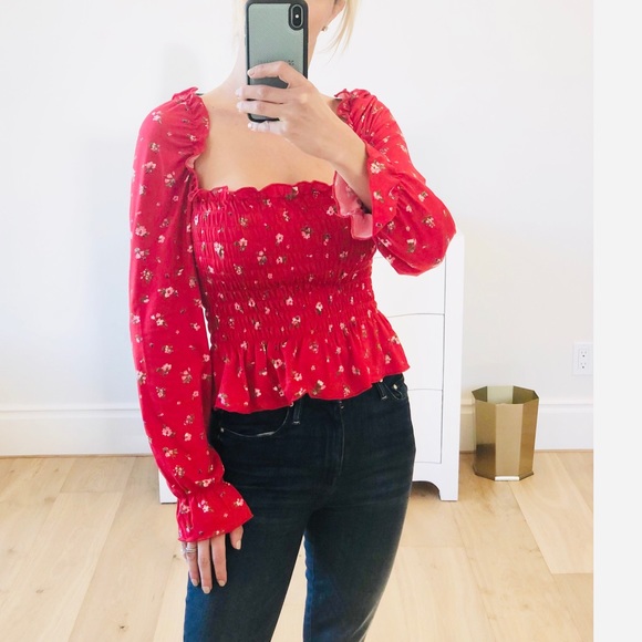 Long Sleeve Red Floral Print Ruffle Top - Picture 4 of 9